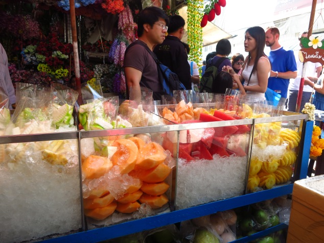 Wedges of fresh fruit sold at 20 Baht per serving